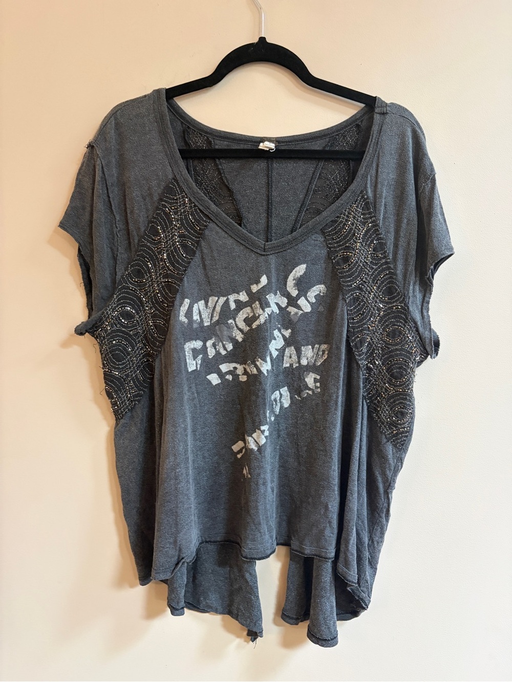 Free People We The Free Distressed Graphic Embellished Swing Short Sleeve Shirt